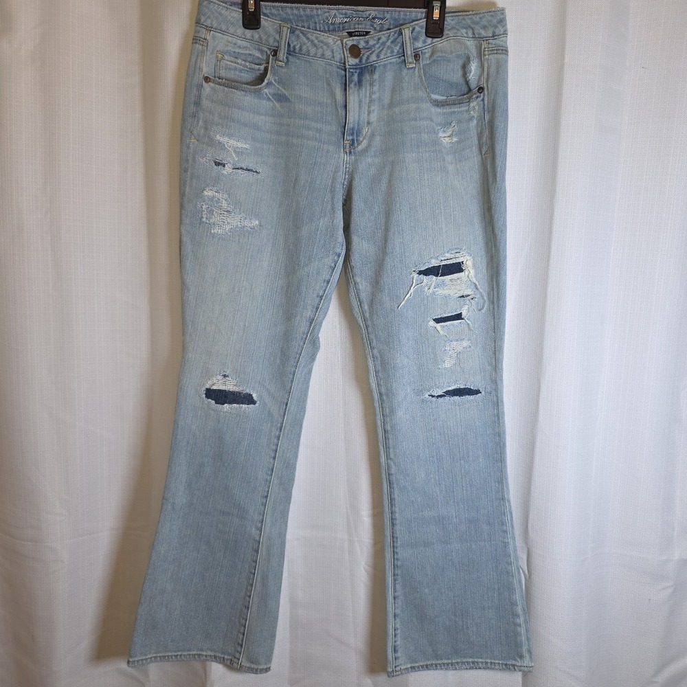 American Eagle Outfitters Skinny Kick Jeans Womens 14 Blue Distressed Bootcut